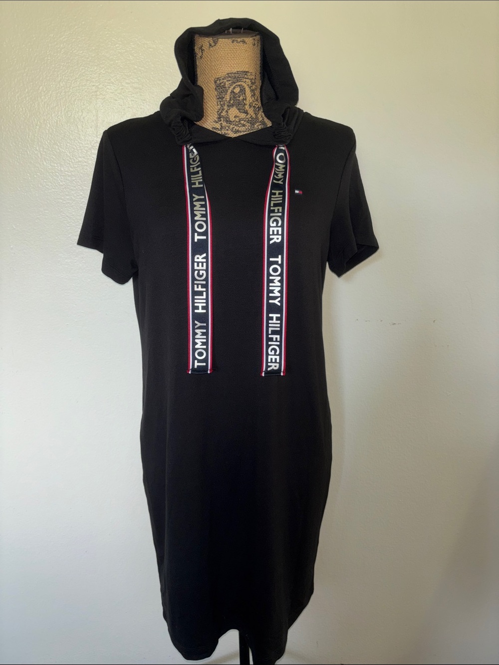 Tommy Hilfiger Sz S Black Hooded Short-Sleeve Logo Ribbon Dress